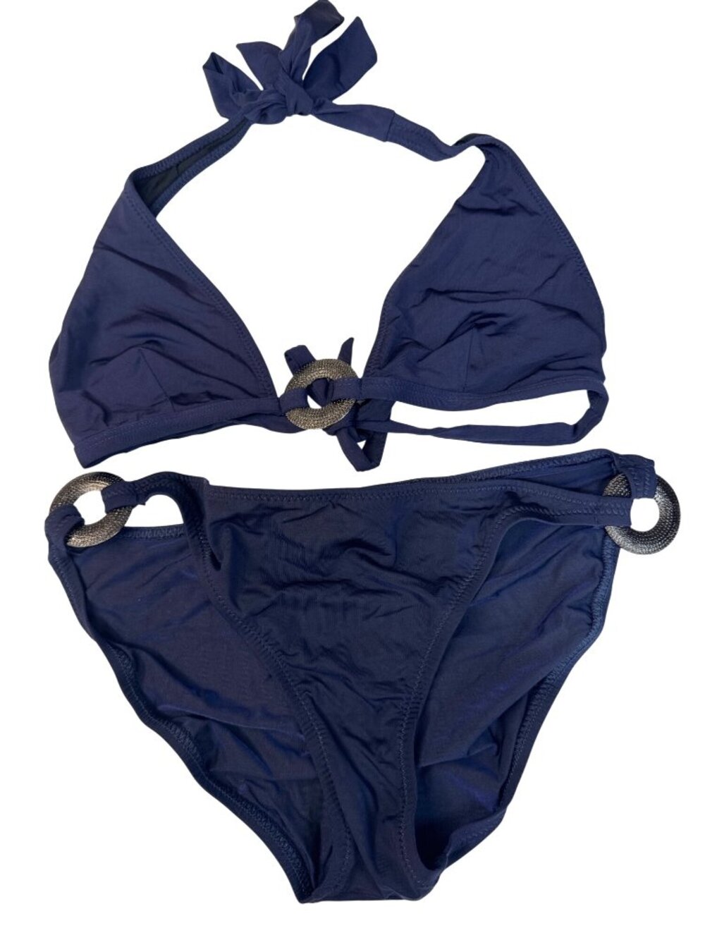 W Womens Navy Bikini Set With Halter Tie & Metal Ring Accents Size L